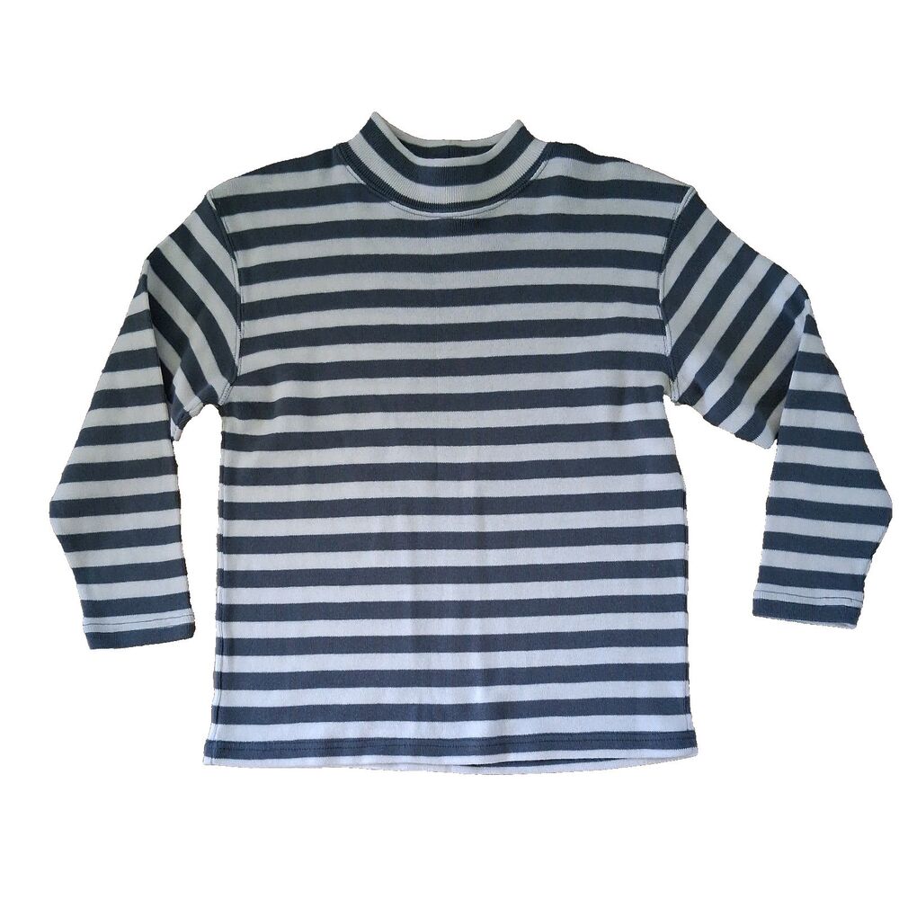 LL Bean Girls Shirt Small Mock Neck Gray Beige Striped Long Sleeve Rib Knit